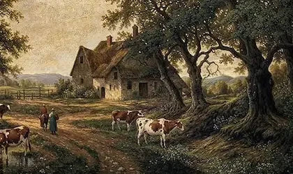 Papier peint panoramique Campagne au troupeau, peinture ancienne : détail du motif, troupeau près de la ferme