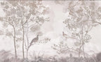 Papier peint panoramique Faisans dans les arbres vieux rose : vue à plat, faisans perchés dans des arbres fins, en vieux rose et taupe
