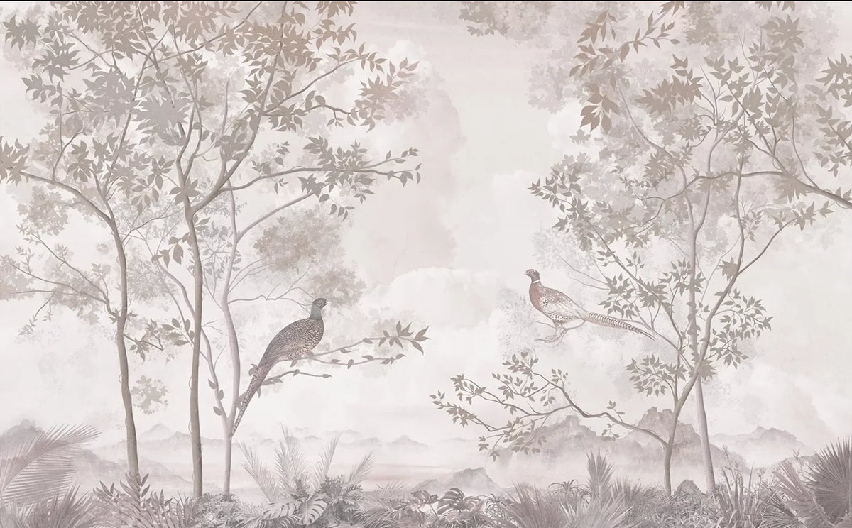 Papier peint panoramique Faisans dans les arbres vieux rose : vue à plat, faisans perchés dans des arbres fins, en vieux rose et taupe