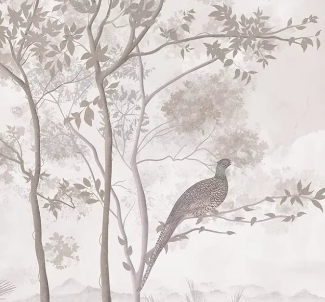 Papier peint panoramique Faisans dans les arbres vieux rose : détail du motif, faisan sur la branche