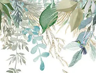 Papier peint panoramique Feuillages aquarelle et colibris : détail du motif, colibris dans les feuillages