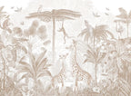 Papier peint panoramique Safari sépia : vue à plat du motif, girafes, singes et palmiers en ton sable
