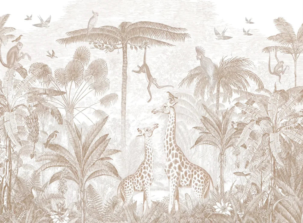 Papier peint panoramique Safari sépia : vue à plat du motif, girafes, singes et palmiers en ton sable