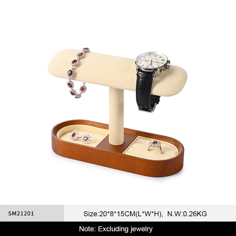 Présentoir Carrure barre, deux montres, suédine beige