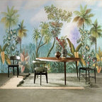 Papier peint panoramique Jungle peinte à l'ancienne : jungle peinte à l'ancienne derrière une table ronde