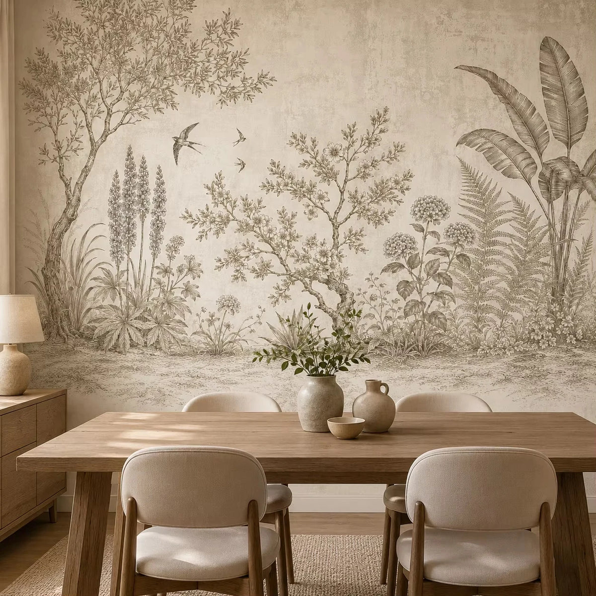 Papier peint panoramique Jardin gravé aux hirondelles : jardin gravé aux hirondelles dans une salle à manger claire