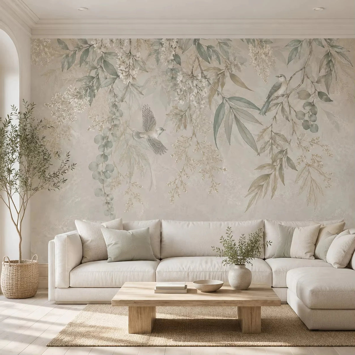 Papier peint panoramique Feuillage de saule et oiseaux sauge : feuillage de saule et oiseaux vert sauge sur fond lin, derrière un canapé d'angle crème