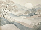 Papier peint panoramique Collines japandi aquarelle : vue à plat du motif, collines, lac et arbres stylisés à l'aquarelle beige et taupe