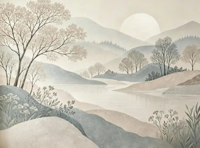 Papier peint panoramique Collines japandi aquarelle : vue à plat du motif, collines, lac et arbres stylisés à l'aquarelle beige et taupe