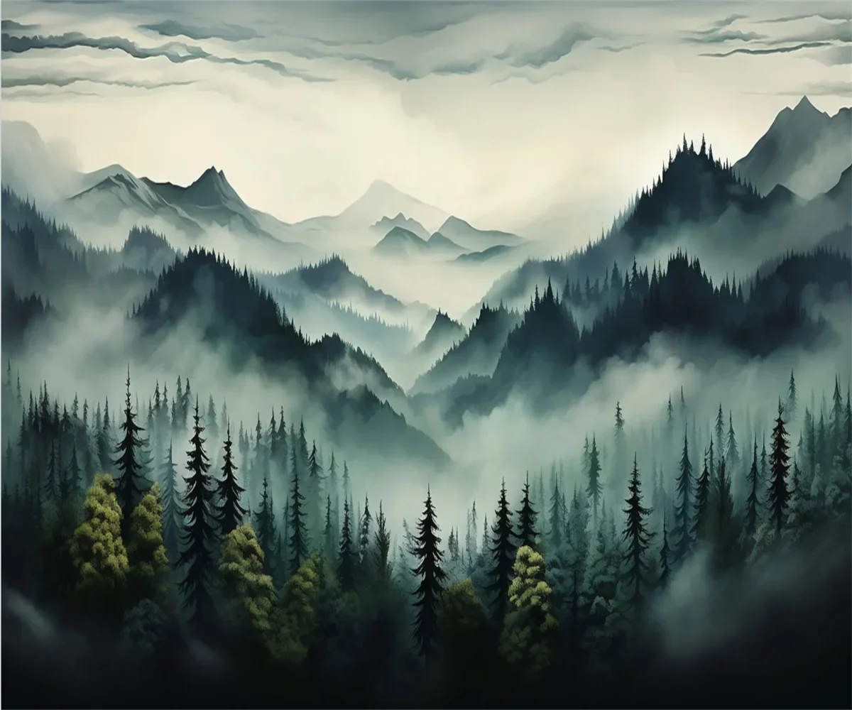 Papier peint panoramique Montagnes et pins au crépuscule : détail du motif, crêtes brumeuses et pins vert sombre sous un ciel crème
