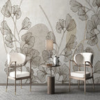 Papier peint panoramique Feuilles de ginkgo et formes sable : feuilles de ginkgo et formes sable derrière deux fauteuils