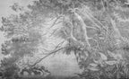 Papier peint panoramique Arbre penché sur l'eau, gravure grise : vue à plat, grand arbre penché au-dessus de l'eau, feuillages gravés en gris