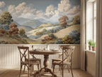 Papier peint panoramique Collines et nuages peints : collines et nuages peints au-dessus d'un lambris, dans une salle à manger