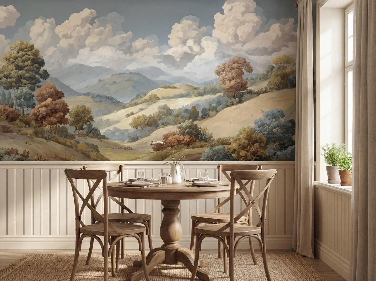 Papier peint panoramique Collines et nuages peints : collines et nuages peints au-dessus d'un lambris, dans une salle à manger