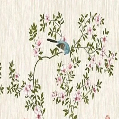 Papier peint panoramique Roses grimpantes et oiseaux crème : détail du motif, oiseau bleu posé sur une branche de roses