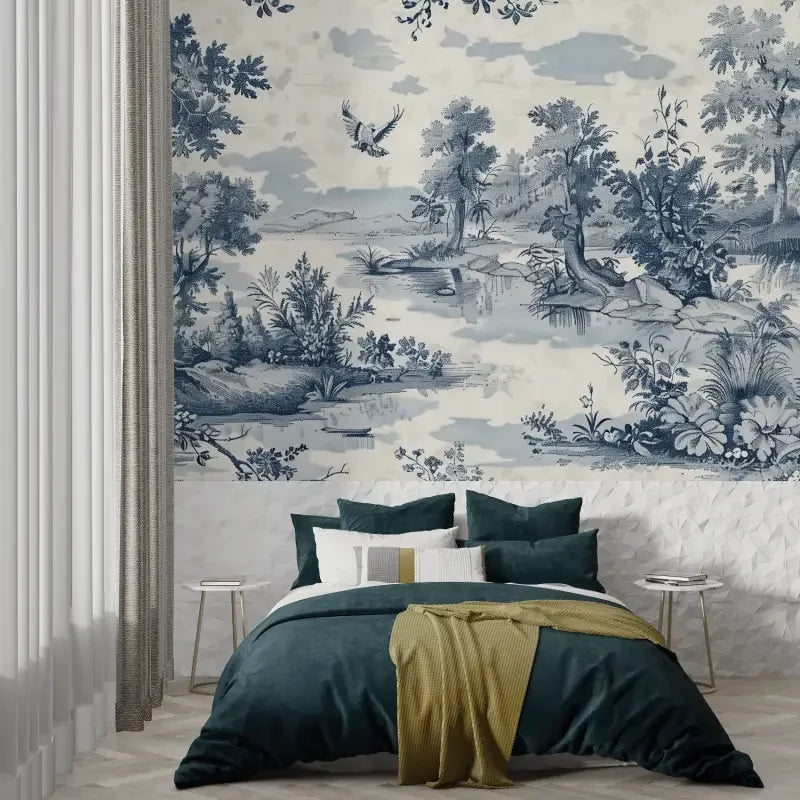 Papier peint panoramique Toile de Jouy paysage bleu : paysage façon toile de Jouy en bleu indigo sur fond crème, arbres, rivière et oiseau, derrière un lit