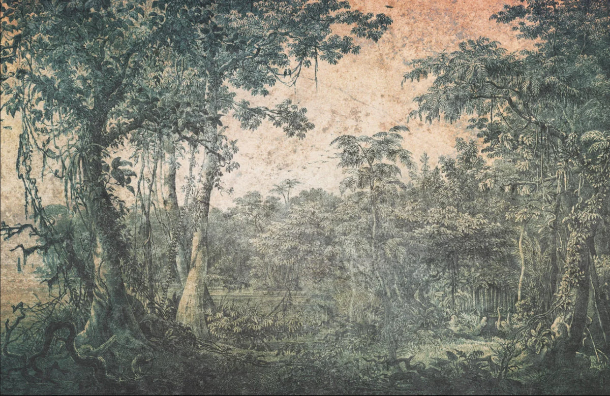 Papier peint panoramique Forêt ancienne vert-de-gris : vue à plat du motif, forêt ancienne peinte en vert-de-gris sur ciel pêche patiné