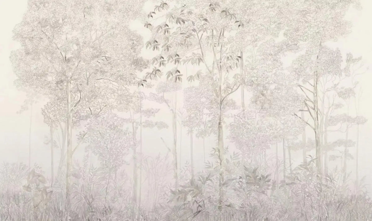 Papier peint panoramique Sous-bois aquarelle lin rosé : vue à plat, arbres fins et feuillages aquarelle lin rosé sur fond crème