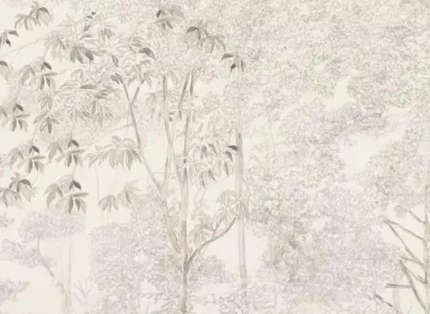 Papier peint panoramique Sous-bois aquarelle lin rosé : détail du motif, feuillages lin rosé