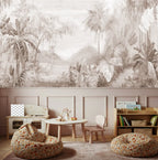 Papier peint panoramique Jungle vintage sépia : jungle de bananiers et palmiers en camaïeu sépia, posé dans une chambre d'enfant