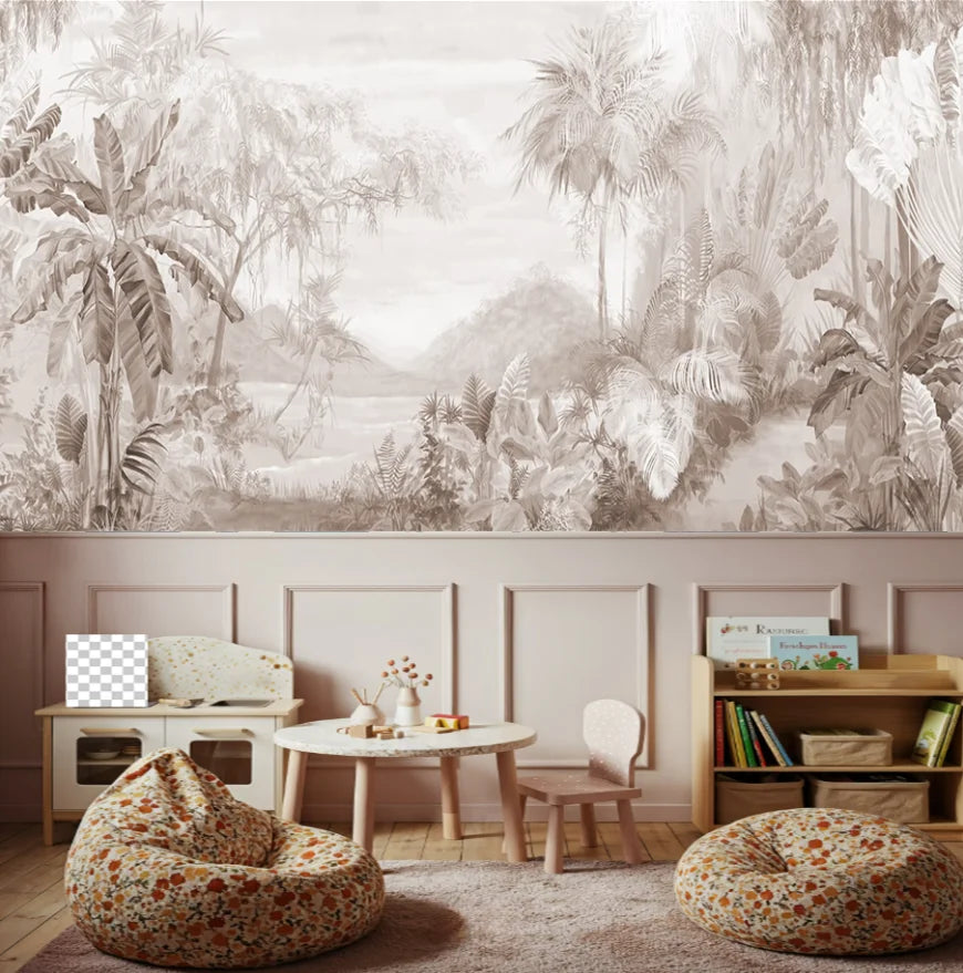 Papier peint panoramique Jungle vintage sépia : jungle de bananiers et palmiers en camaïeu sépia, posé dans une chambre d'enfant