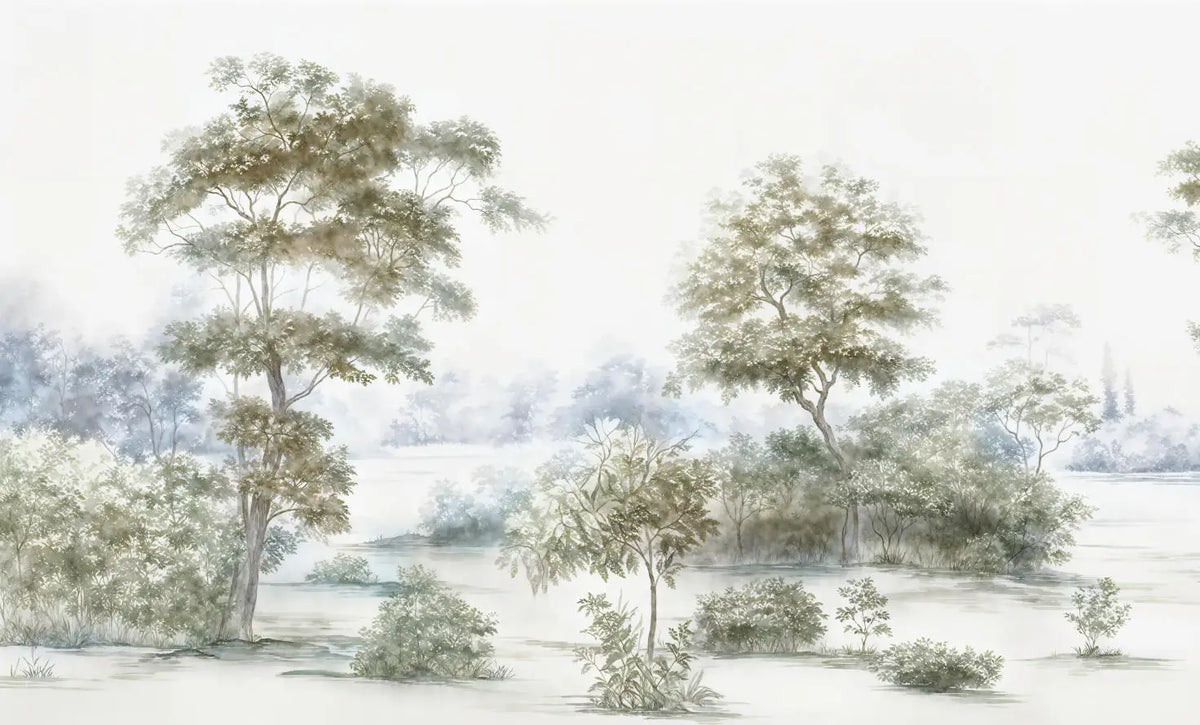 Papier peint panoramique Arbres et étang aquarelle vert tendre : vue à plat, grands arbres, bosquets et étang lavés à l'aquarelle vert tendre et bleu pâle