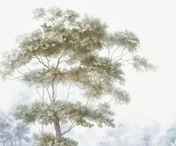 Papier peint panoramique Arbres et étang aquarelle vert tendre : détail du motif, grand arbre à l'aquarelle