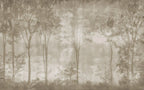 Papier peint panoramique Forêt brumeuse taupe : vue à plat, troncs et feuillages taupe qui s'estompent dans une brume patinée