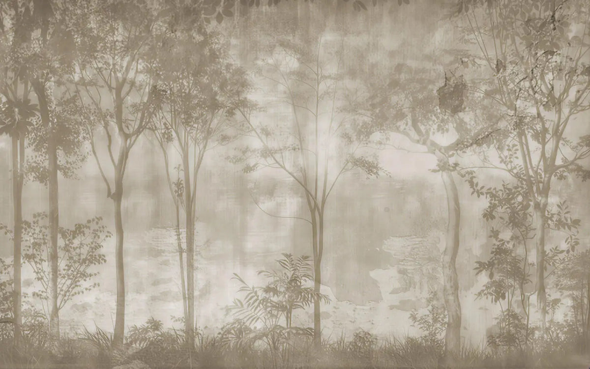 Papier peint panoramique Forêt brumeuse taupe : vue à plat, troncs et feuillages taupe qui s'estompent dans une brume patinée