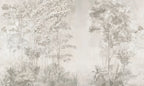 Papier peint panoramique Bosquets fleuris dans la brume crème : vue à plat, bosquets fleuris et arbres fins dans une brume crème