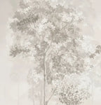 Papier peint panoramique Bosquets fleuris dans la brume crème : détail du motif, arbres fins dans la brume