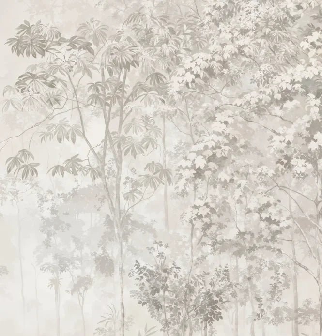 Papier peint panoramique Bosquets fleuris dans la brume crème : détail du motif, bosquet fleuri