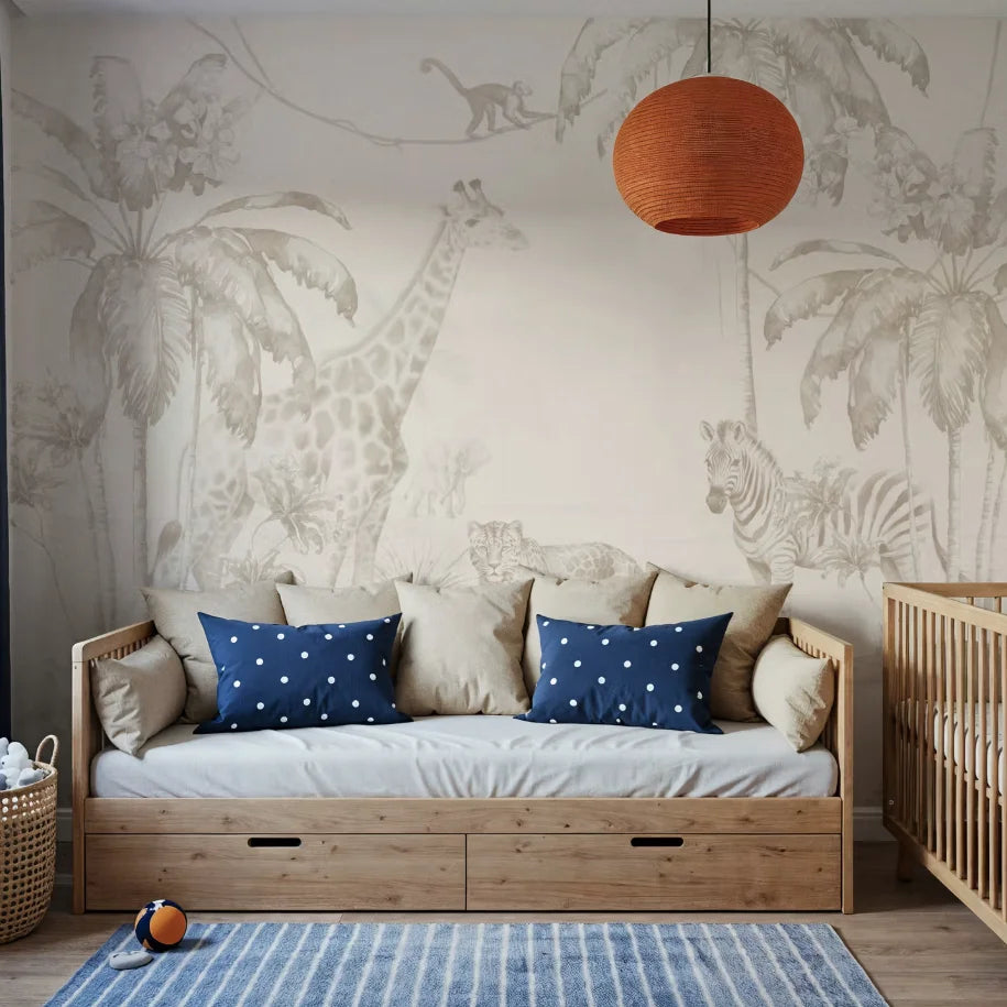 Papier peint panoramique Safari aquarelle sable : safari aquarelle sable dans une chambre d'enfant, lit banquette en bois et coussins bleu marine