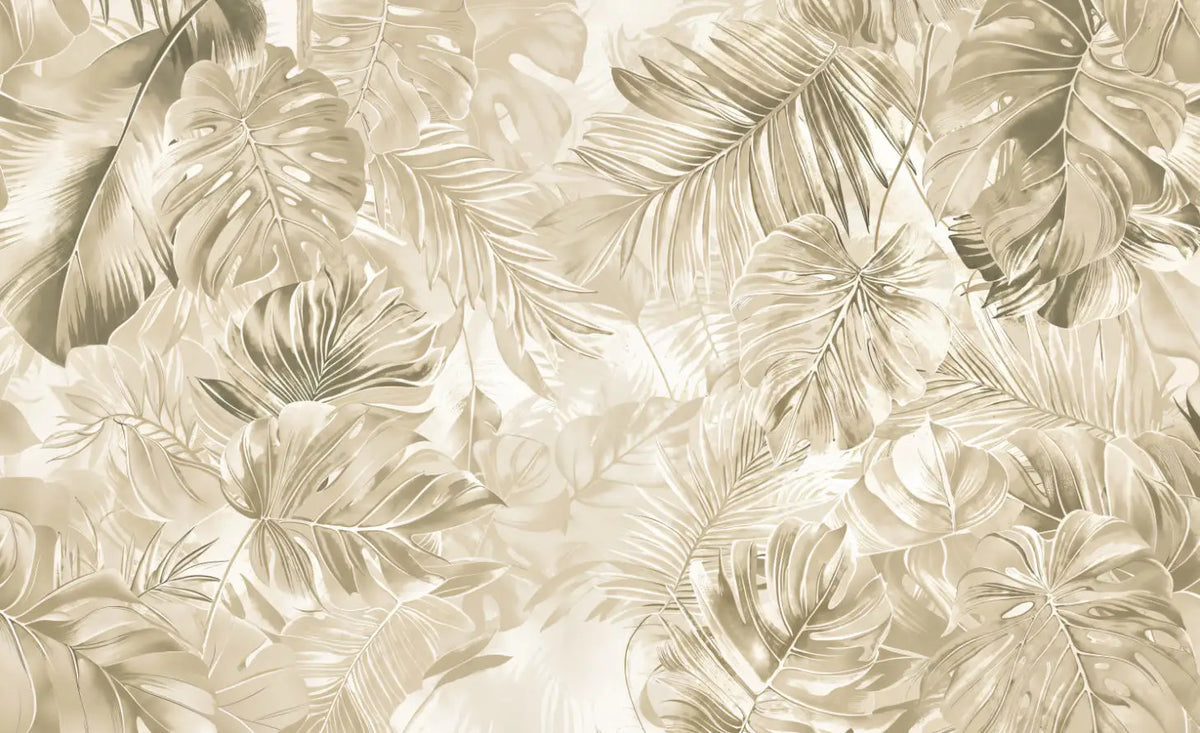Papier peint panoramique Feuillage lin doré : vue à plat du motif, feuilles de monstera et de palmier en camaïeu lin et sable