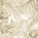 Papier peint panoramique Feuillage lin doré : détail du motif, feuilles de monstera et de palmier superposées en lin et sable
