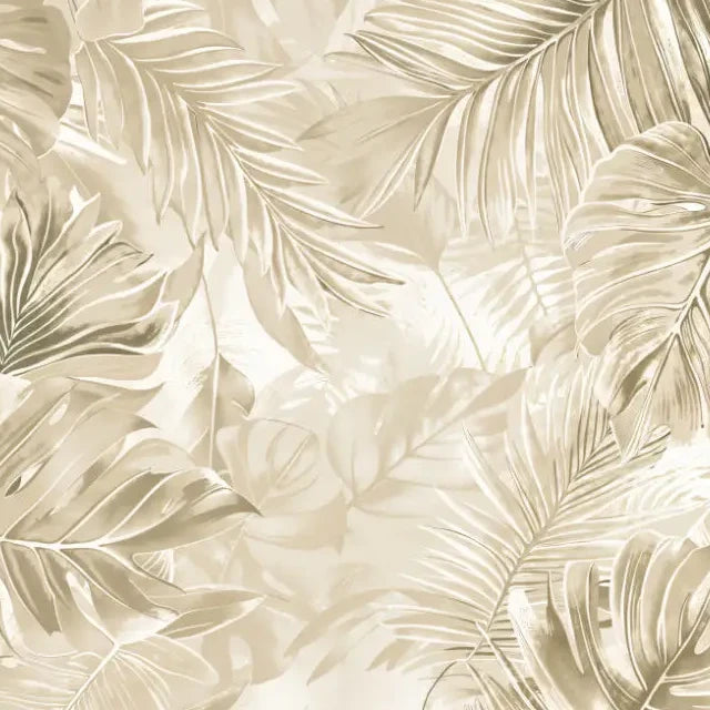 Papier peint panoramique Feuillage lin doré : détail du motif, feuilles de monstera et de palmier superposées en lin et sable
