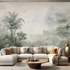Papier peint panoramique Palmiers dans la brume : palmiers et montagnes dans la brume, camaïeu gris vert, vol d'oiseaux, posé dans un salon