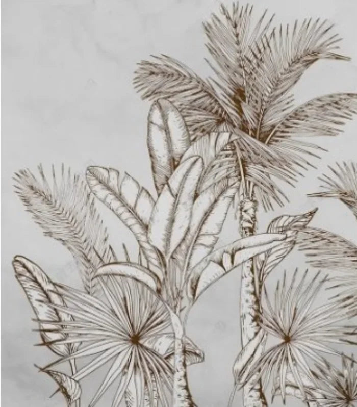 Papier peint panoramique Palmiers gravés sépia : détail du motif, palmier et palmes en éventail dessinés à la plume