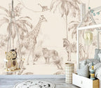 Papier peint panoramique Safari aquarelle sable : safari aquarelle sable dans une chambre d'enfant, balancelle et lit cabane