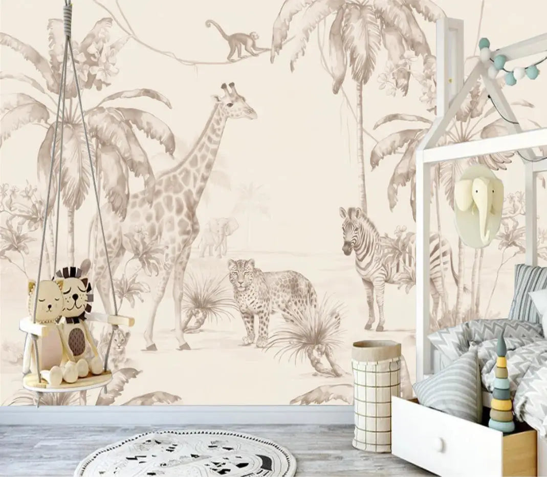Papier peint panoramique Safari aquarelle sable : safari aquarelle sable dans une chambre d'enfant, balancelle et lit cabane