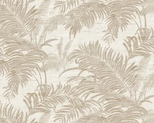 Papier peint effet palmes ton sur ton lin : détail de la matière, palmes lin et grain de toile
