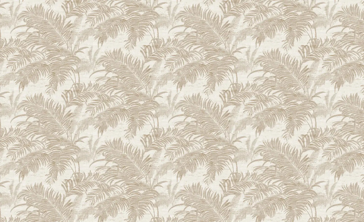 Papier peint effet palmes ton sur ton lin : vue de la matière, palmes beige lin sur fond clair façon toile tissée