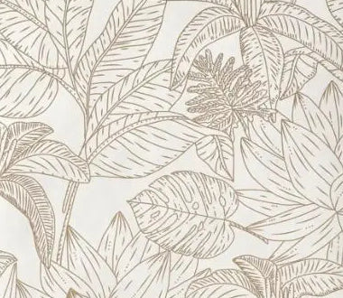 Papier peint panoramique Jungle au trait lin : détail du motif, feuilles tropicales dessinées au trait fin