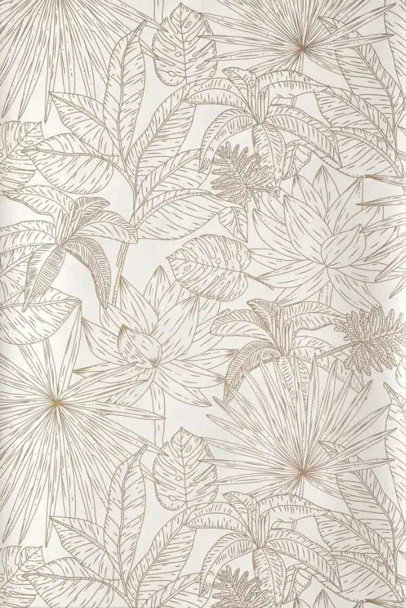 Papier peint panoramique Jungle au trait lin : vue du motif, feuilles de bananier, palmes et fleurs tropicales dessinées au trait lin sur fond blanc
