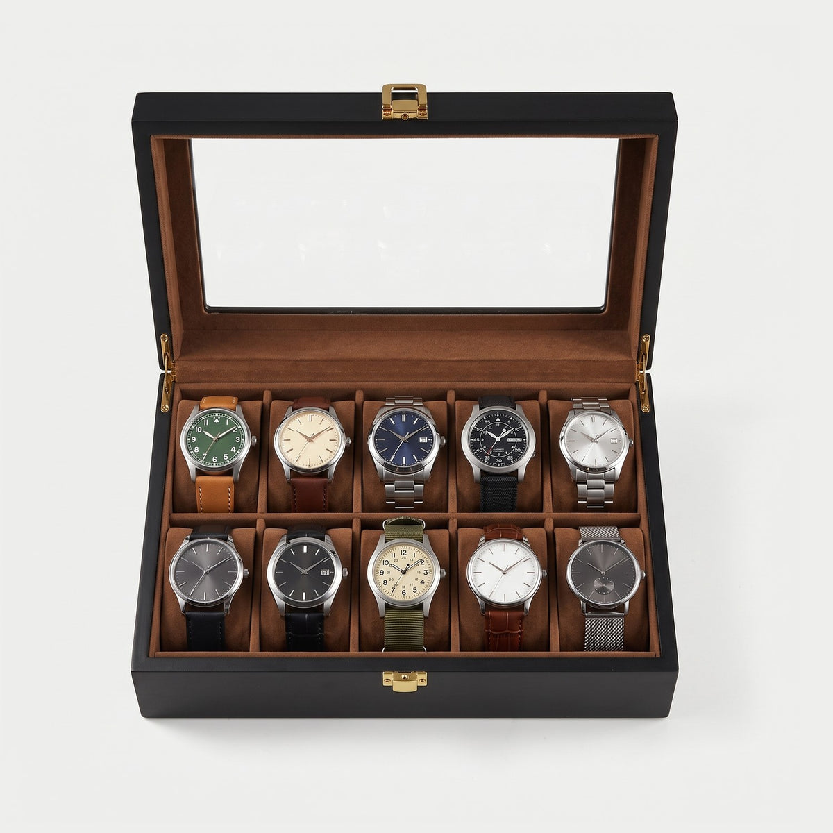 Coffret Écrin dix montres, noir, dix montres en place