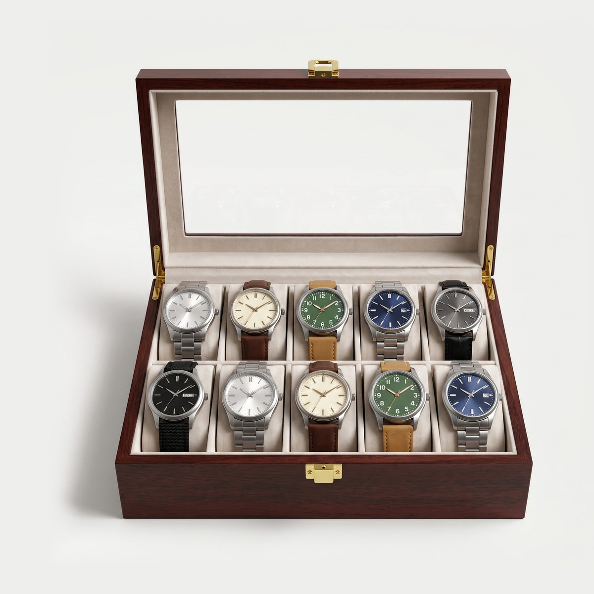 Coffret Écrin dix montres, bois laqué rouge, dix montres en place