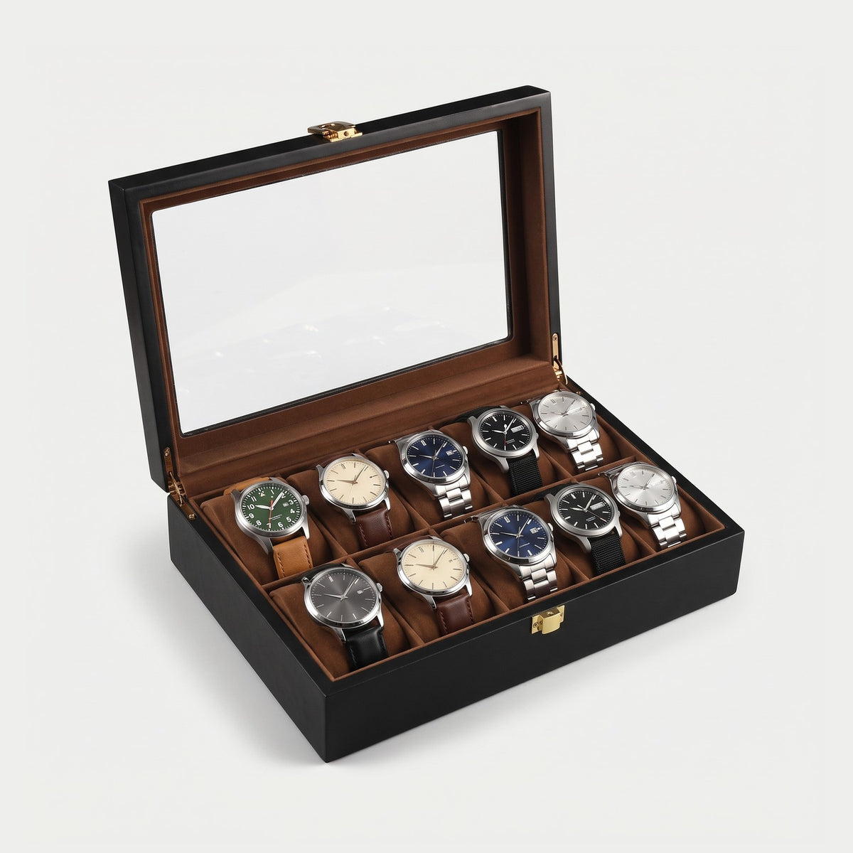Coffret Écrin douze montres, noir, douze montres en place