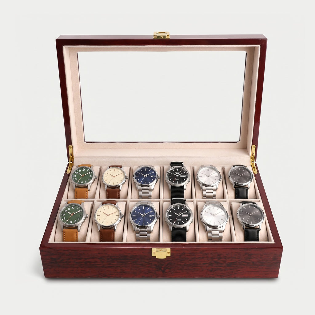 Coffret Écrin douze montres, bois laqué rouge, douze montres en place