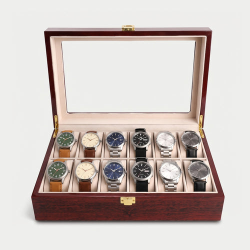 Coffret Écrin douze montres, bois laqué rouge, douze montres en place