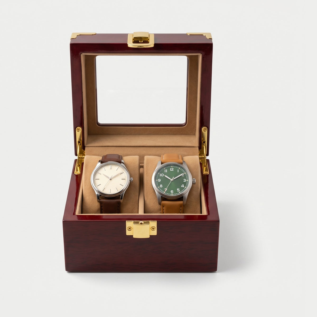 Coffret Écrin deux montres, bois laqué rouge, deux montres en place